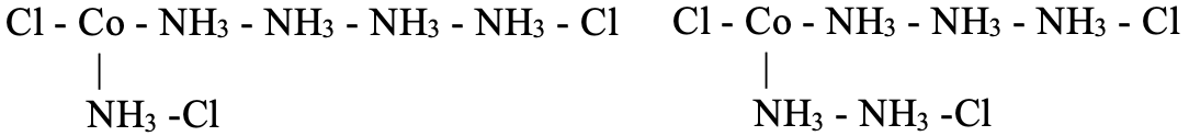 两种链式结构：第一种把 5 个 NH3 分为 4+1 两条含氨链，第二种分为 3+2；两式均有 1 个 Cl 直连 Co、2 个 Cl 位于链端