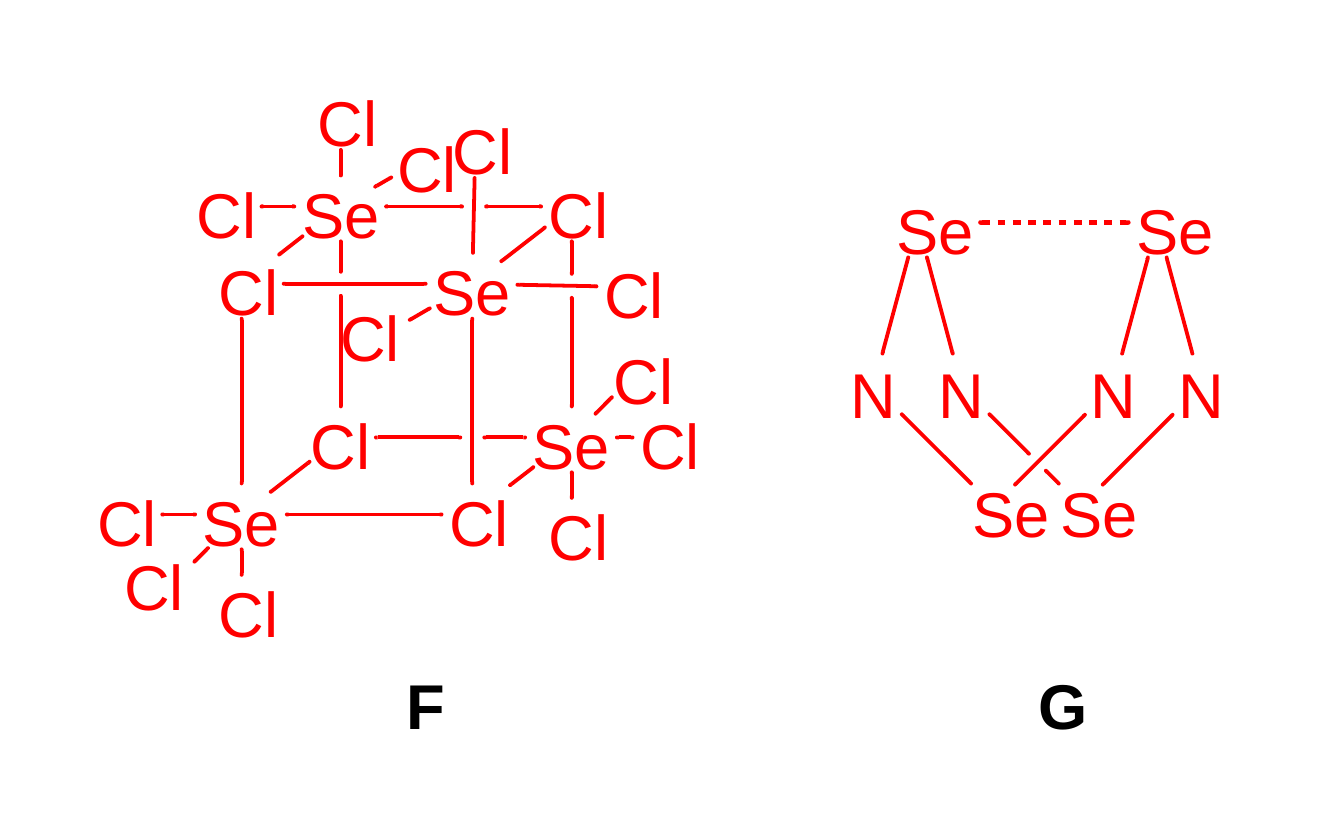 F为Se4Cl16四聚体，G为非平面Se4N4笼并示出唯一Se···Se虚线接触